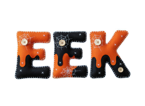 Felt fabric letters spelling eek with orange and black colors for a spooky halloween decoration project