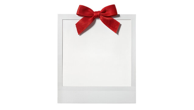 White instant photo frame with red satin bow, isolated on transparent background