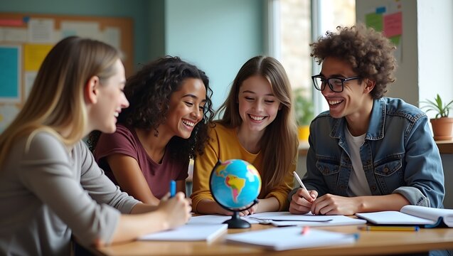 Happy high school students collaborating on a geography project with a globe in class study group youthful energy