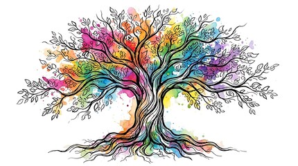 Fototapeta premium Abstract Colorful Watercolor Tree of Life with Artistic Line Art Branches and Roots on White Background