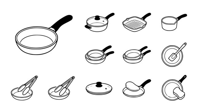 Black and White Line Art Icons of Various Cooking Pans and Utensils for Food Industry
