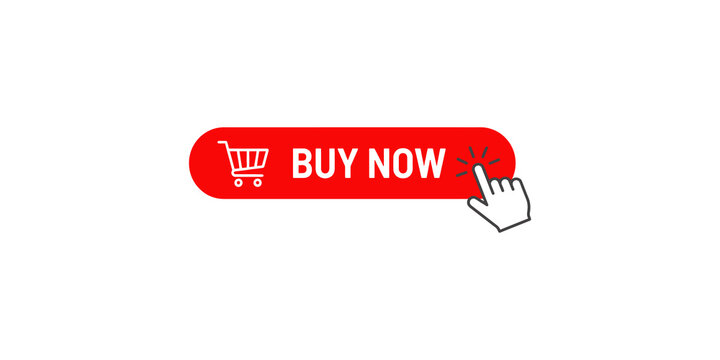 Red buy now button with shopping cart icon and hand cursor for ecommerce website sales.