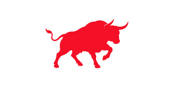 Red bull silhouette icon shows charging powerful animal used for sports mascots and finance branding.