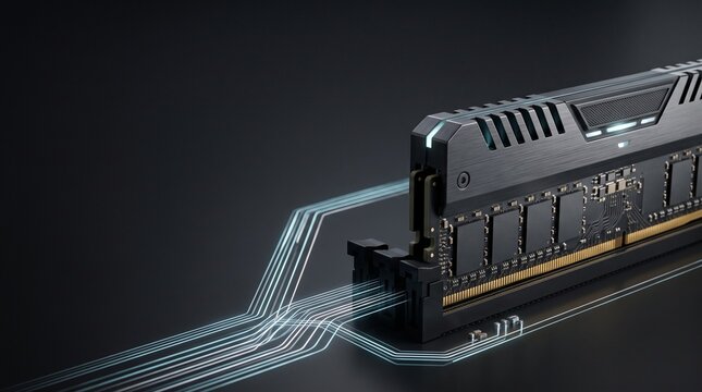 High-performance RAM module on server motherboard with glowing digital circuit lines