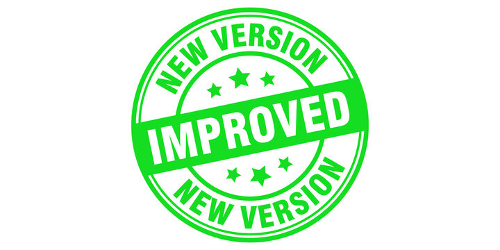 Green circular rubber stamp with improved new version text and star elements.
