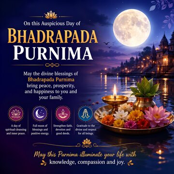 Bhadrapada purnima celebration greeting with full moon river view and offering