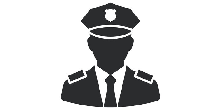 Dark gray silhouette of police officer in uniform with cap and tie representing law enforcement.