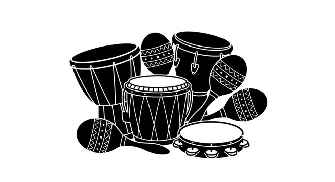 Black and white illustration of various percussion instruments with tambourine shakers djembe drums music bongo conga
