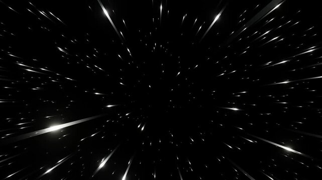 Seamless loop animation of white light streaks radiating rapidly from a central point on a black background. Perfect for sci-fi, space travel, hyperspace jump effects, and futuristic video intros.