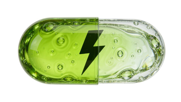 Green liquid filled capsule with black lightning bolt symbol, isolated on transparent background