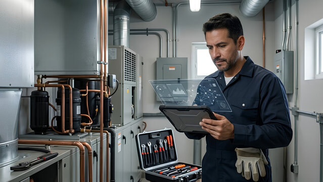 Skilled Technician Using AI-Assisted Diagnostics for HVAC Equipment Maintenance