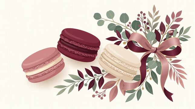 Elegant French macarons in ivory, burgundy and dusty rose with botanical accents, refined flat illustration for luxury bakery, patisserie, packaging, and celebration themes.