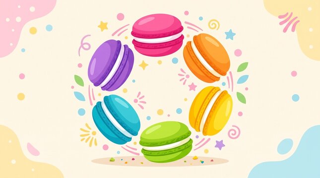 Vibrant rainbow macarons arranged in a playful circular composition, colorful flat design illustration for desserts, bakery advertising, party themes, packaging, and confectionery.