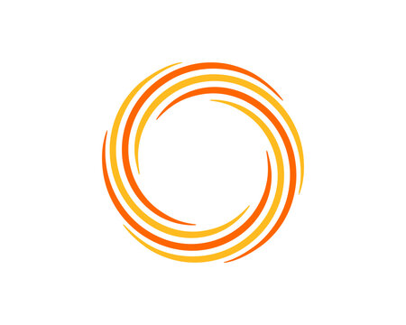 Abstract circular logo with swirling orange and yellow lines creating a dynamic sun or vortex effect.