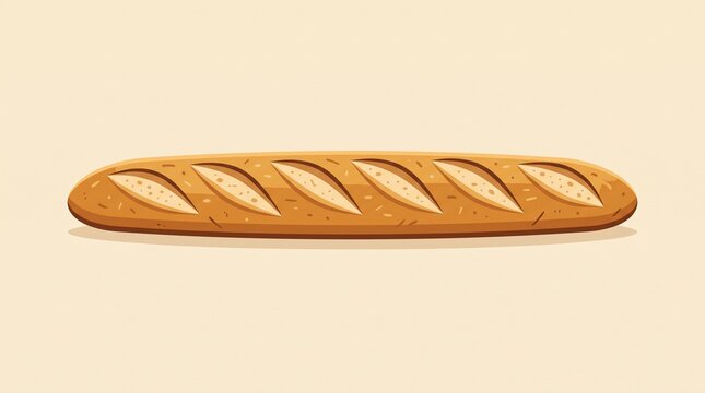 Classic French baguette with golden crust and diagonal scoring, clean flat illustration for bakery branding, food packaging, menus, and French cuisine concepts.