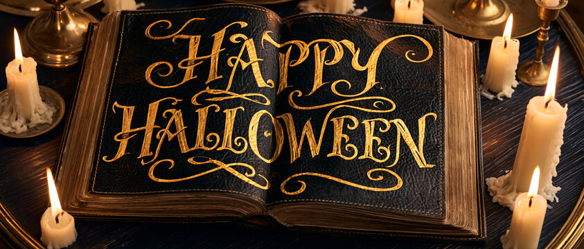 Happy Halloween Text on Vintage Open Spell Book with Candles