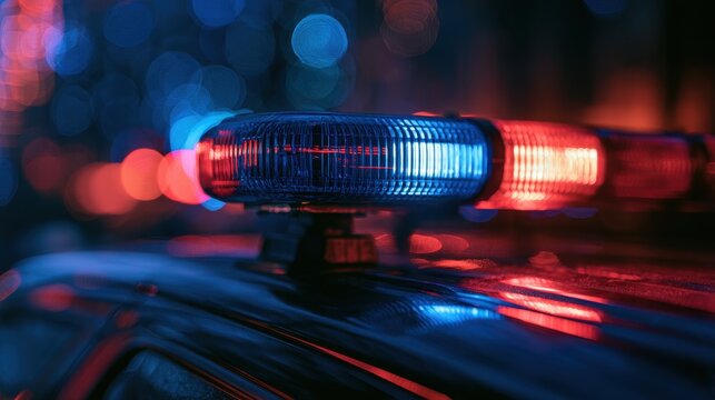 Close-up of red and blue emergency light on top of police car with blurred city lights in background at night, symbolizing law enforcement and public safety