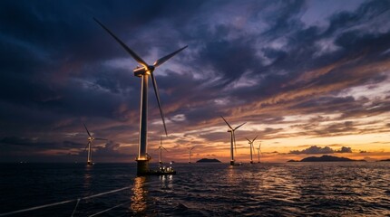 Obraz premium Offshore wind turbines at sunset over ocean waters