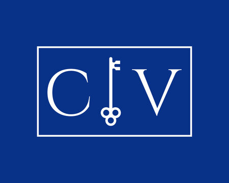 A minimalist logo featuring the letters C and V separated by a stylized key, all in white on a deep blue background within a rectangular frame.