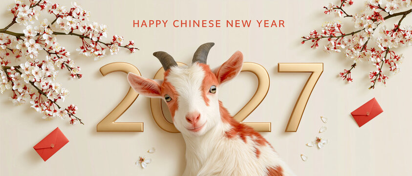 Happy Chinese New Year 2027 Banner with Goat and Cherry Blossom