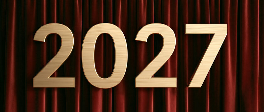 Year 2027 Elegant Gold Numbers on Dark Red Velvet Curtain Background