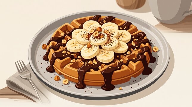 Chocolate waffle topped with banana slices, chocolate sauce and hazelnuts, premium flat illustration for dessert menus, cafes, bakery branding, recipes, and food advertising.