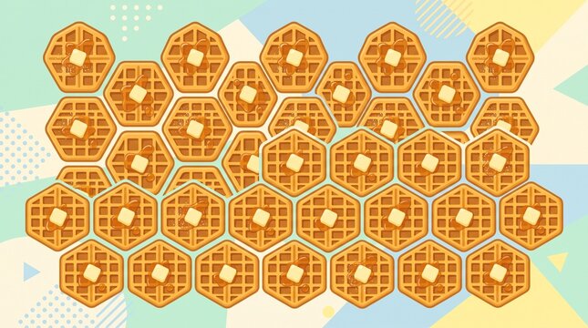 Mini waffles arranged in a geometric honeycomb pattern with butter and syrup accents, playful flat illustration for breakfast menus, cafes, packaging, and food advertising.