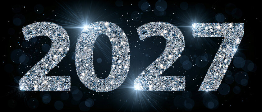 Year 2027 Silver Sparkling Glitter Numbers on Dark Night Background