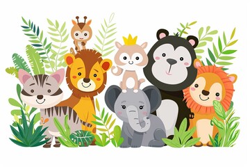 Naklejka premium A charming group of cartoon jungle animals, including a giraffe, lion, elephant, monkey, and raccoon, stand together amidst lush green foliage, creating a whimsical and playful scene.