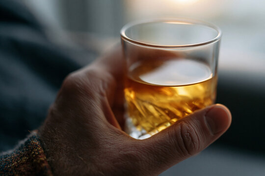 Hand holds glass of amber-colored whiskey. Soft light glows from window behind. Fingers grip glass with quiet confidence. Moment feels calm, thoughtful, intimate