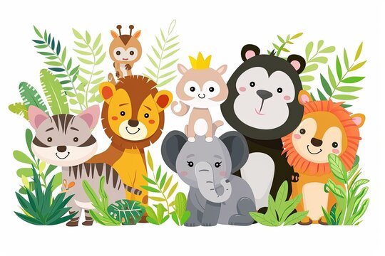 A charming group of cartoon jungle animals, including a giraffe, lion, elephant, monkey, and raccoon, stand together amidst lush green foliage, creating a whimsical and playful scene.