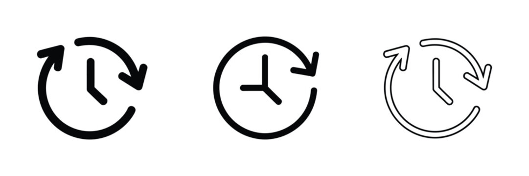 Clock history icon set with back arrow representing rewind and previous time for history, restore, navigation, scheduling, and time management
