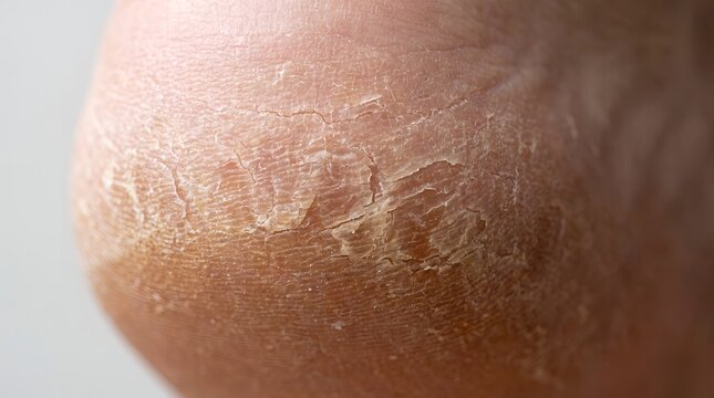 Close up detailed view of dry cracked aged skin texture showing severe dryness and fine lines on human finger skin