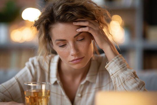 Woman sits at table, hand resting on head. She looks tired, eyes downcast, head tilted slightly. Warm lights blur behind her, creating soft bokeh. Glass of amber liquid rests beside her
