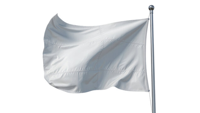 Waving white flag on metal pole, isolated on transparent background