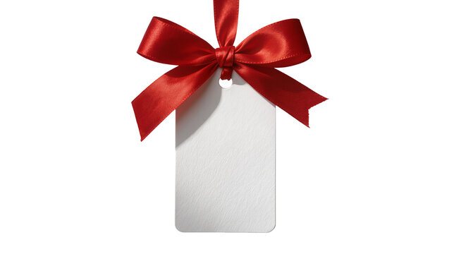 Blank white gift tag with red satin ribbon bow, isolated on transparent background