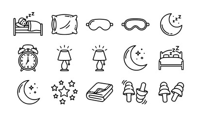 Fototapeta premium Collection of bedroom and nighttime elements including bed, pillow, alarm clock, lamps, moon and sleeping symbols
