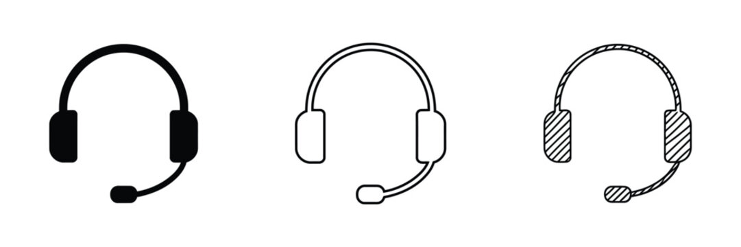 Customer support headset with microphone icon set in solid, outline, and hand-drawn sketch styles for call center, communication, service, and helpdesk