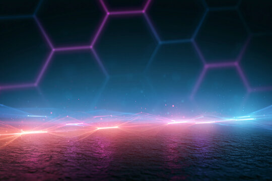 Neon hexagons glow softly in deep blue. Pink and blue lights streak across a dark, wet surface. Reflective terrain mirrors the radiant glow above. This futuristic scene evokes mystery and wonder