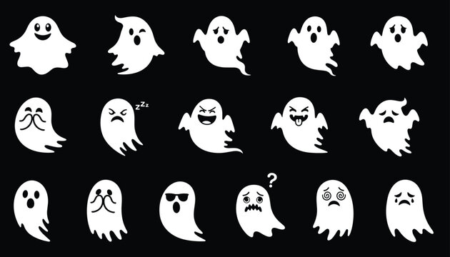 Cute ghost emoji icons collection with eighteen funny expressions isolated on dark black background for halloween.