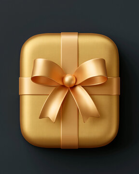 Golden gift box gleams against dark background. Crisp bow ties elegant, luxurious feel to presentation. Perfect for festive moments or premium product launches. Suggests joy, celebration
