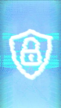 Digital padlock and shield over binary code, representing cybersecurity and data protection