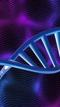 DNA strand over vibrant, wavy purple and blue animation background