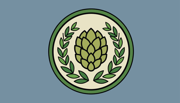 Traditional hop cone circle emblem with olive green wheat leaves representing brewery craft beer branding icon.