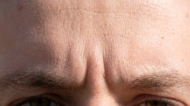 Close up portrait of human skin texture showing forehead wrinkles and nose bridge details revealing signs of aging and fine lines