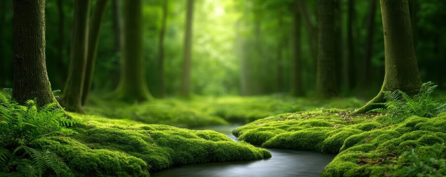 Forest biodiversity landscape featuring multiple tree species, moss, ferns, fallen leaves, natural shelter areas, small stream, native plants