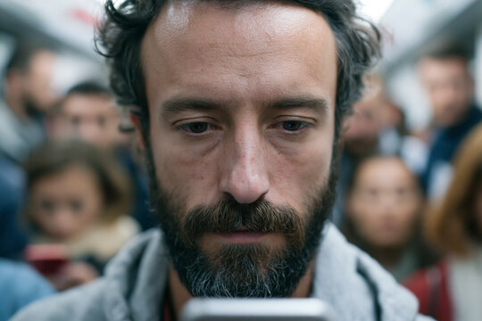 Man with beard gazes downward, focused on phone. Crowded subway surrounds him, blurred passengers. His expression shows calm concentration or quiet thought