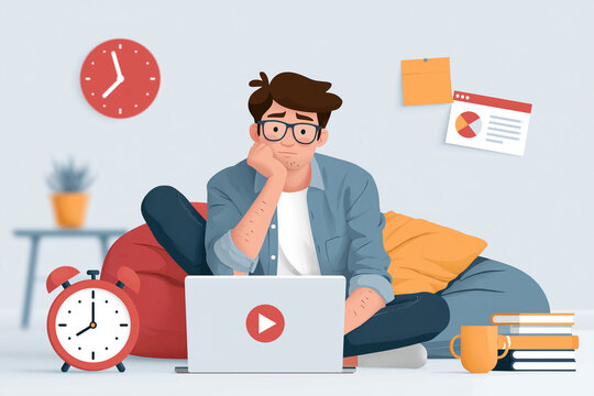 Young man sits cross-legged, thoughtful, on a beanbag. He gazes at his laptop, hand resting on chin. Clocks, books, and sticky notes surround him. Study, work, or learning moments feel captured here