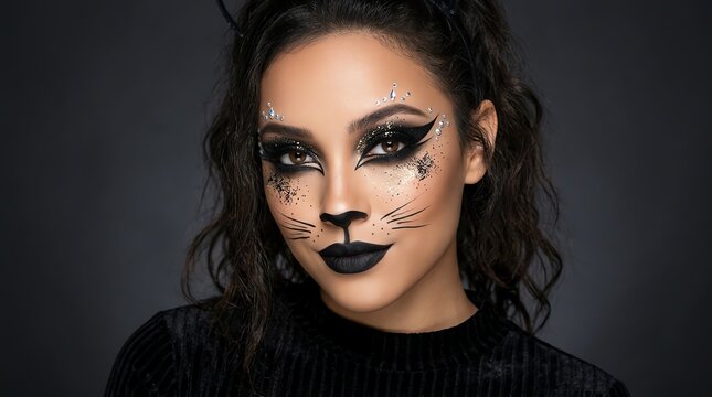 Woman With Black Cat Halloween Makeup and Glitter Accents