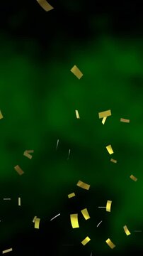 Animation of golden confetti falling over glowing green background